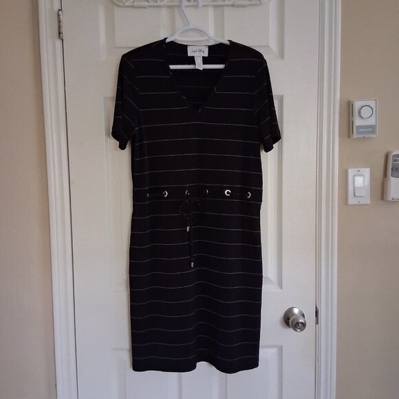 Joseph Ribkoff Women's Size 8 Black/Vanilla Stripe V Neck Tie Waist Midi Dress - Picture 5 of 14